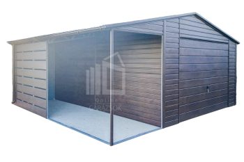 Lemezgarázs 4,5x6m + Oldaltető 2m - Billenőkapu - Bukóablak - Sötét dió - Fahatású - Csatorna - Nyeregtető tető ID643