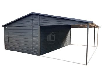 Lemezgarázs 4x6 + Oldaltető 3,5x6 - Billenőkapu - Antracit - nyeregtető - Cserepeslemez ID541