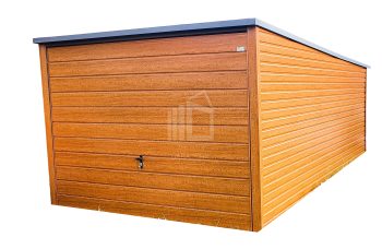 lemezgarázs 3m x 5m - tető hátra lejtő - billenőkapu - fahatású - aranytölgy ID85