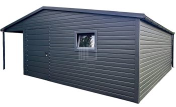 Kerti Fészer 4,5x5m + oldaltető 1,5m - ajtó - ablak - sötét grafit - matt antracit - csatorna - nyeregtető - cserepeslemez ID1082