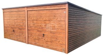 lemezgarázs 6m x 5,8m - 2x billenőkapu - ajtó - világos dió - fahatású - tető hátra lejtő ID401