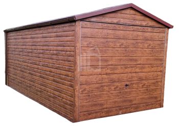 Lemezgarázs 3m x 6m - billenőkapu - sötét dió - fahatású - csatorna - nyeregtető ID409