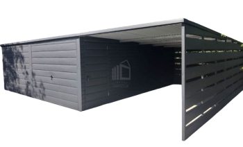 lemezgarázs 6m x 6m + oldaltető 3m - 2x billenőkapu - ajtó - antracit - tető hátra lejtő ID423