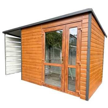 Kerti Fészer PREMIUM 2,5m x 2m + oldaltető 1,3m - világos dió - fahatású - tető hátra lejtő ID422