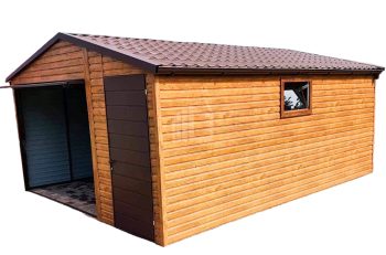 lemezgarázs 4,5m x 6m - tető nyeregtető - cserepeslemez - billenőkapu - ajtó - világos dió - fahatású ID89