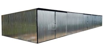 Lemezgarázs 17,5m x 5m - 4x Kétszárnyú Kapu - horganyzott - tető hátra lejtő ID434