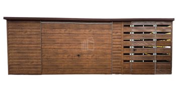 Lemezgarázs 5x6 + Oldaltető 2x6 - Billenőkapu - Ajtó - Sötétbarna + Sötét dió - Fahatású - Tető hátra lejtő ID444