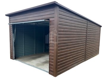 Lemezgarázs 3,5x6 - Billenőkapu - Fahatású - Sötét dió - tető hátra lejtő ID492