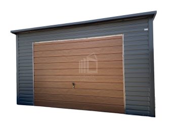 Lemezgarázs 4,5x6 m + Oldaltető 4,5x1,5m - Billenőkapu - ajtó - csatorna - Antracit - tető hátra lejtő ID528