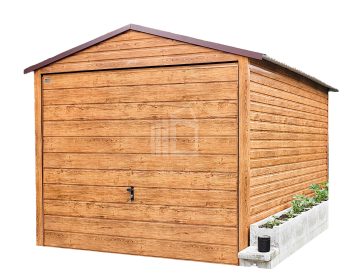 Lemezgarázs 3m x 6m - billenőkapu - fahatású - világos dió - nyeregtető ID102