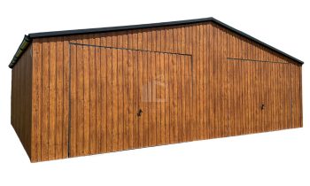 Lemezgarázs 8x6m - Billenőkapu - Ajtó - Világos dió - Fahatású - Csatorna - Nyeregtető ID553