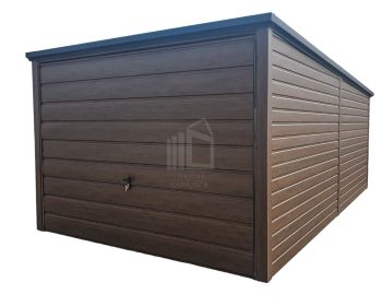 Lemezgarázs 3x6m - Billenőkapu - Sötét dió - Fahatású - Hátra lejtő tető ID560