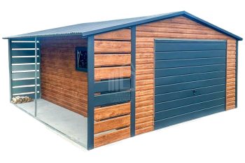 Lemezgarázs 4x6m + Oldaltető 1x6m - Billenőkapu - Bukóablak - Ajtó - Világos dió - Fahatású - Antracit - Nyeregtető tető ID569