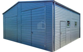 Lemezgarázs 7x6m - Billenőkapu - Kétszárnyú Kapu - Ajtó - 4x Bukóablak - Antracit - Csatorna - Nyeregtető tető ID606