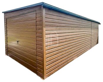 Lemezgarázs 3,5x8m + Oldaltető 1m - Billenőkapu - Ajtó - Csatorna - Aranytölgy - Fahatású - Oldalra lejtő tető ID612