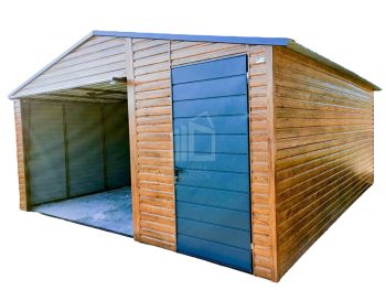 Lemezgarázs 5m x 5m - billenőkapu - ajtó - világos dió + antracit - nyeregtető ID107