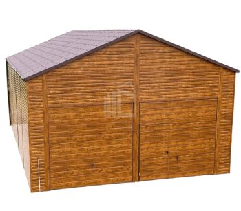 Lemezgarázs 7m x 12m - 2x billenőkapu - ajtó - világos dió - cserepeslemez - nyeregtető ID129