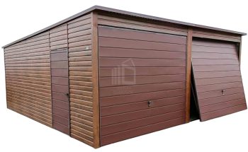 lemezgarázs 6m x 5,8m - 2x billenőkapu - ajtó - sötét dió - fahatású - hátra lejtő ID115
