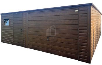 lemezgarázs 5,5x6m - billenőkapu - ajtó - ablak - sötét dió - fahatású - tető hátra lejtő ID1125