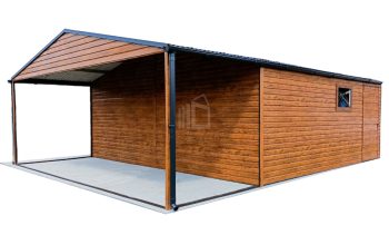 Lemezgarázs 6m x 5m + oldaltető - 2x billenőkapu - világos dió - ajtó - bukóablak - nyeregtető ID116