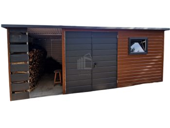 Kerti Fészer 4,5x3m + Oldaltető 2m - Kétszárnyú Kapu - ablak - sötét dió - fahatású - tető hátra lejtő ID701