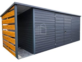 Kerti Fészer 5x2m + oldaltető 0,8x2m - Kétszárnyú Kapu - antracit - grafit - tető hátra lejtő ID708