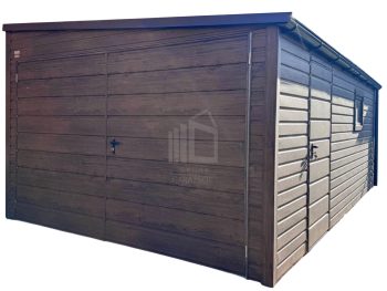 lemezgarázs 3,5x5m - Kétszárnyú Kapu - ajtó - ablak - sötét dió - fahatású - tető oldalra lejtő ID1109