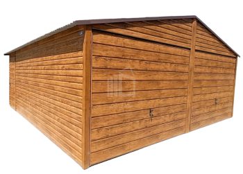 Lemezgarázs 6m x 6m - 2x billenőkapu - ajtó - fahatású - világos dió - nyeregtető ID123