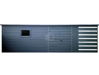 Kerti Fészer 6,5x2,5m + oldaltető 1,5x2,5m - Kétszárnyú Kapu - ablak - antracit - grafit - tető hátra lejtő ID720