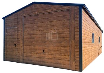 lemezgarázs 5x6m - billenőkapu - ajtó - 2x ablak - világos dió - fahatású - csatorna - nyeregtető ID1100