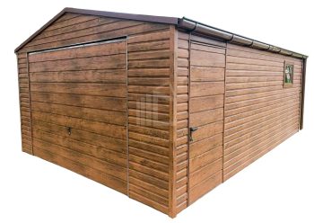 Lemezgarázs 4m x 6m - fahatású - sötét dió - billenőkapu - ajtó - PVC bukóablak ID79