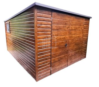Fészer - Kerti Fészer 3x4m - Kétszárnyú Kapu - ablak - fahatású - világos dió - hátra lejtő ID135