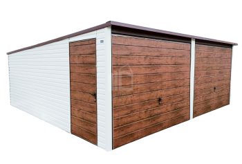 Lemezgarázs 6m x 6m - 2x billenőkapu - sötét dió - fehér - ajtó - hátra lejtő ID126