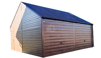 Lemezgarázs 6m x 6m - 2x billenőkapu - ajtó - sötét dió - fahatású - nyeregtető ID125