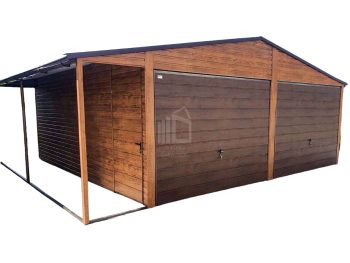 Lemezgarázs 6m x 6m + oldaltető - 2x billenőkapu - ajtó - csatorna - világos dió - nyeregtető ID124