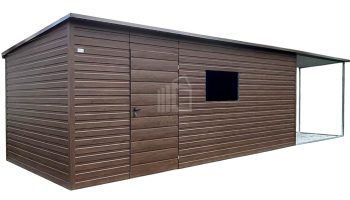 Kerti Fészer 6x3m - oldaltető 3m - ajtó - ablaknyílás - sötét dió - fahatású - tető oldalra lejtő ID1058