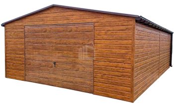 lemezgarázs 6x6m - billenőkapu - ajtó - 2x ablak - világos dió - fahatású - csatorna - tető nyeregtető ID810