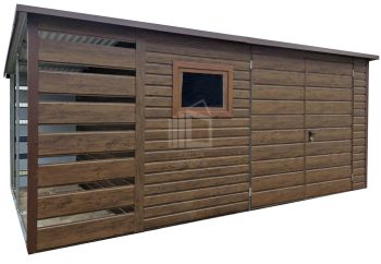 Kerti Fészer + oldaltető 1x3m - 4x3m - Kétszárnyú Kapu - ablak - sötét dió - fahatású - tető hátra lejtő ID841