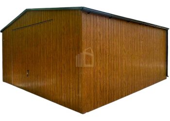 lemezgarázs 6x6m - billenőkapu - világos dió - fahatású - csatorna - nyeregtető ID1038