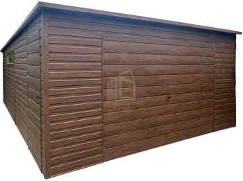 lemezgarázs 5x6m - billenőkapu - ajtó - ablak - sötét dió - fahatású - tető hátra lejtő ID1031