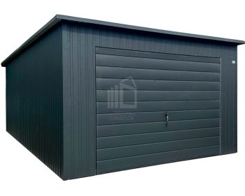 lemezgarázs 4x5m - billenőkapu - ablak - sötét grafit - matt antracit - tető hátra lejtő - csatorna ID1030