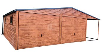 Lemezgarázs 6m x 6m + oldaltető - csatorna - 2x billenőkapu - ajtó - 2x ablak - fahatású - sötét dió - nyeregtető ID137