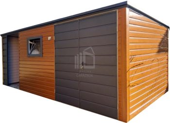 Kerti Fészer 4,5x2m + oldaltető 2m - Kétszárnyú Kapu - ablak - világos dió - fahatású - tető hátra lejtő ID1001