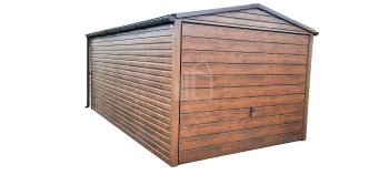 Lemezgarázs 3m x 6m - billenőkapu - sötét dió - csatorna - nyeregtető ID142