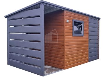 Kerti Fészer 2,5x2m + oldaltető 0,5m - ajtó - ablak - aranytölgy - fahatású - tető hátra lejtő ID996