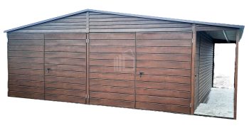 Lemezgarázs 6m x 5,8m + oldaltető - 2x Kétszárnyú Kapu - ajtó - fahatású - sötét dió - nyeregtető ID147