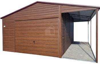 lemezgarázs 4x6m + oldaltető 1,5m - billenőkapu - ajtó - sötét dió - fahatású - nyeregtető ID982