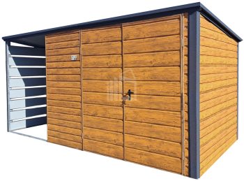 Kerti Fészer 3,5x2m + oldaltető 1,5m - Kétszárnyú Kapu - világos dió - fahatású - tető hátra lejtő ID971