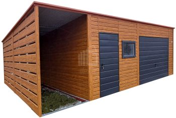 lemezgarázs 6x6m + Oldaltető 1,5m - billenőkapu - ajtó - bukóablak - világos dió - fahatású - antracit - tető hátra lejtő ID968