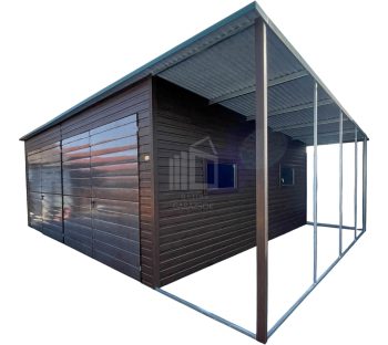 lemezgarázs 7x6m + oldaltető 1,6m - 2x Kétszárnyú Kapu - 2x bukóablak - sötét dió - fahatású - tető hátra lejtő ID936